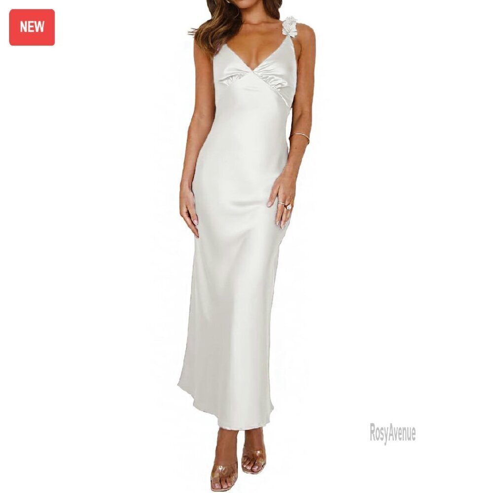 Satin Spaghetti Strap V-Neck Backless Midi Formal Dress Wedding Guest